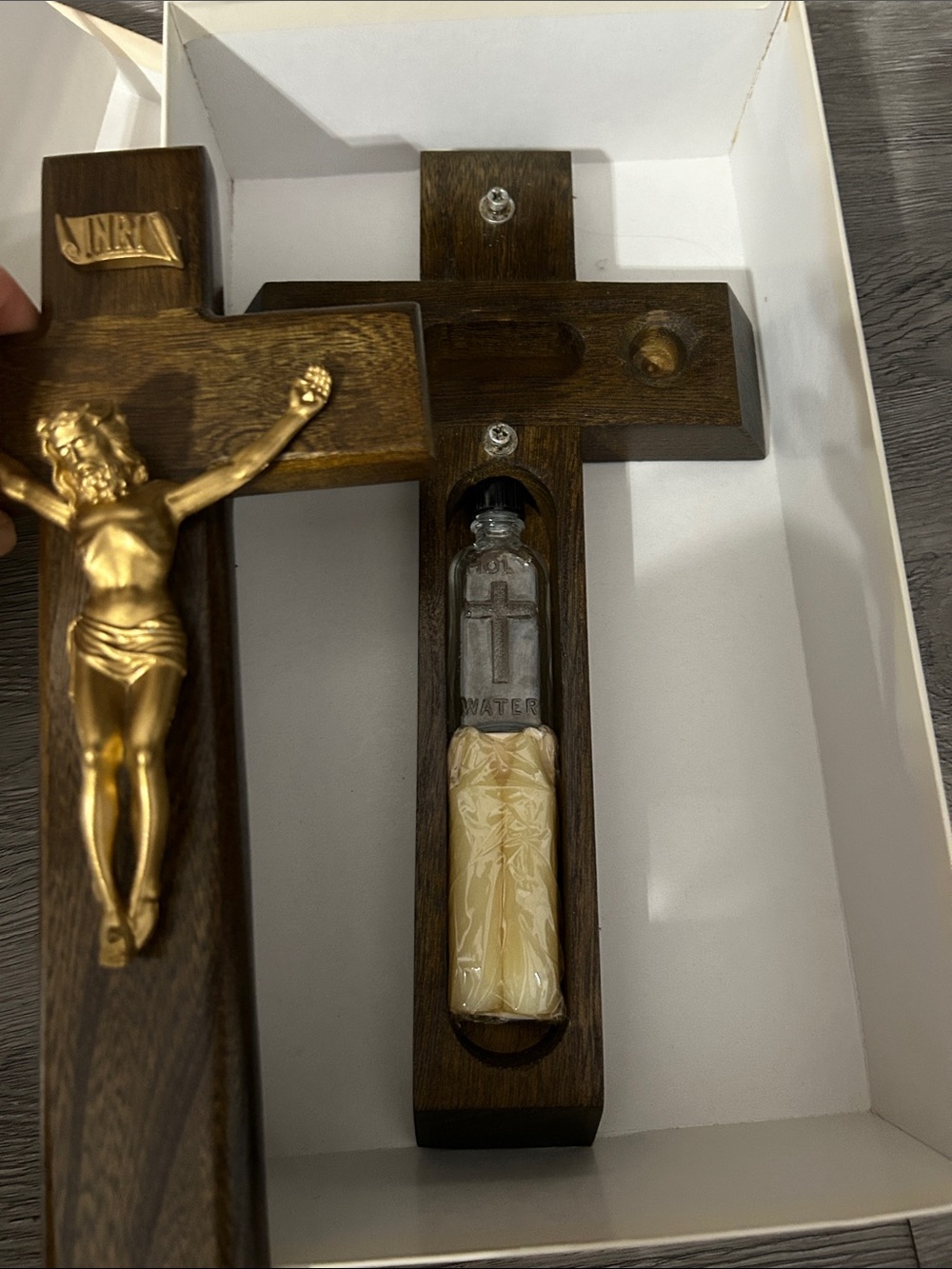 Wooden Wall Crucifix with Gold Corpus and Holy Water Vial - Brown